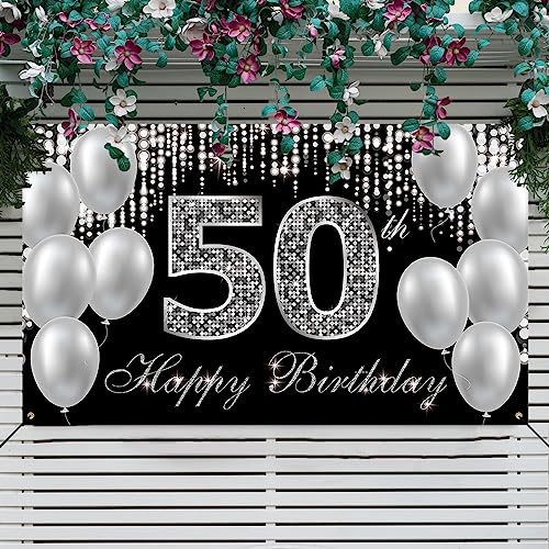 HTDZZI 50th Birthday Banner Backdrop, Happy 50th Birthday Decorations for Women Men, Black Silver 50 Year Old Birthday Par...