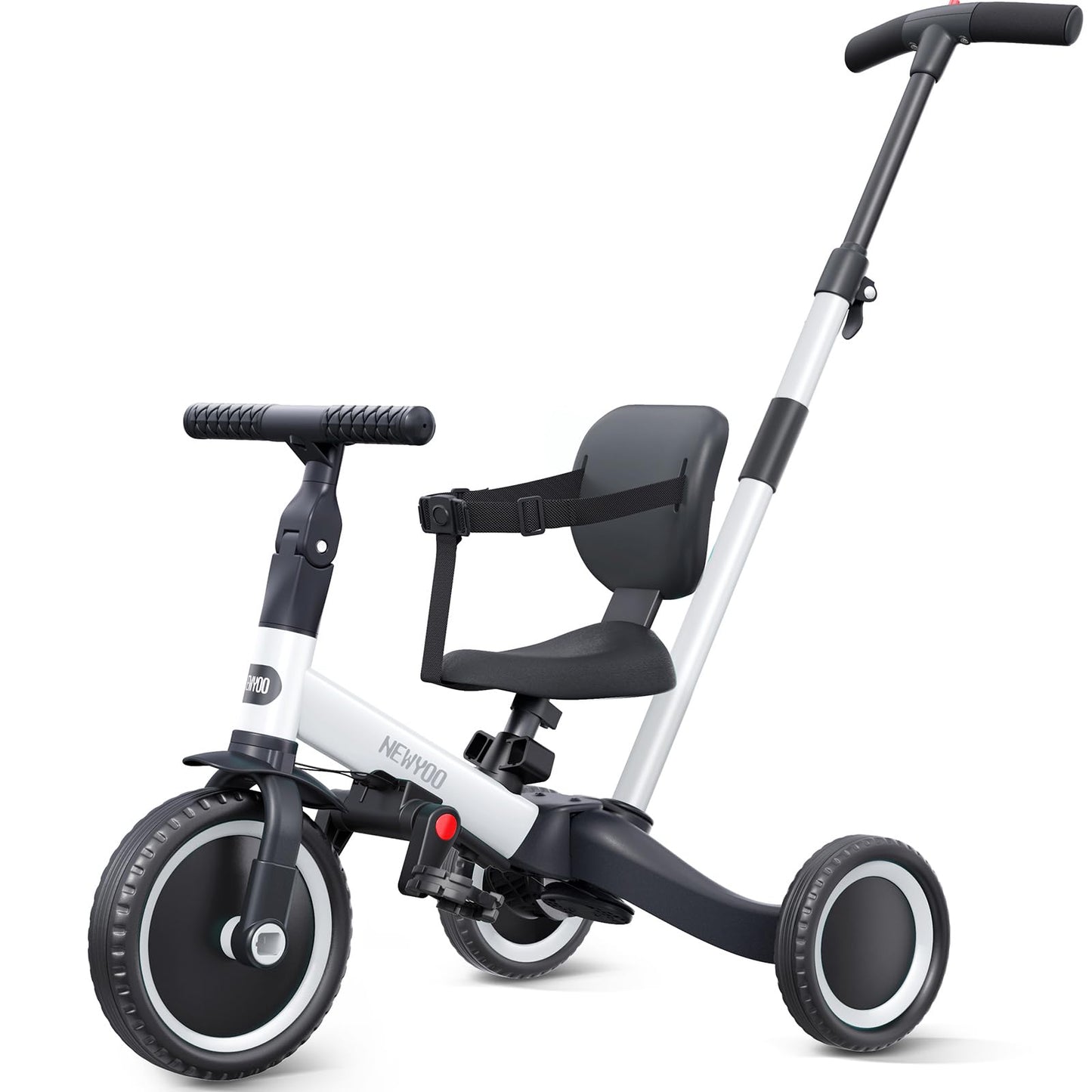 newyoo Toddler Bike, 4 in 1 Tricycles for 1,2,3 Year Olds, Balance Bike, Birthday Gift and Toy for Boys and Girls, Kids Tricycle with Parent Steering Push Handle, Removable Pedals, White, TR007