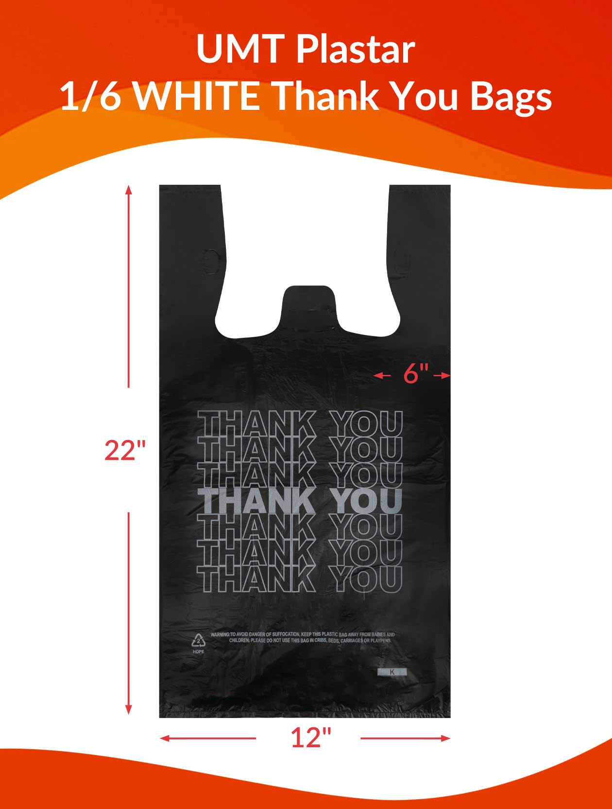 UMT Plastar 300 Count Thank You Plastic Bags, 12" x 6" x 22", 15 Mic Black Grocery Bags with Handles, Ideal for Restaurants, Retail, Grocery Stores, Takeout, Convenience Stores