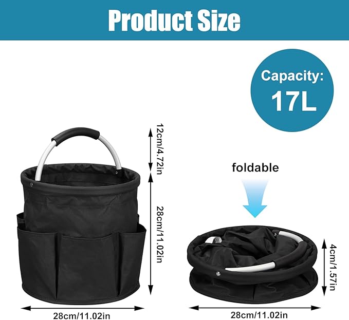 Qivine Cleaning Caddy for Cleaning Supplies, 17L Cleaning Supply Caddy with Handle Foldable Cleaning Supplies Organizer Bucket Tool Bag Organizer Cleaning Products Organizers for Home, Garden (Black)