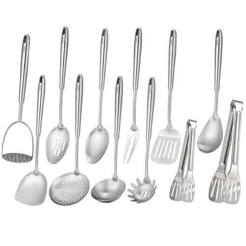 18/10 Stainless Steel Kitchen Utensils Set - 12 PCS All Metal Cooking Tools & 15″ Serving Utensils - Potato Masher, Meat Fork, Tongs, Turner, Pasta, Serving Spoon, Skimmer, Ladle, Spatula Spoon Set