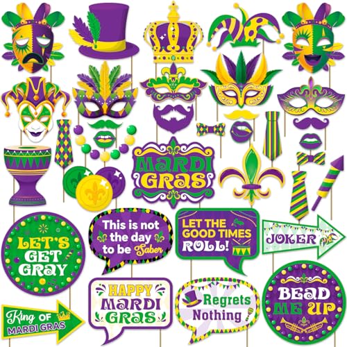 36pcs Mardi Gras Photo Booth Props, Mardi Gras Decorations, Masquerade Photo Booth Props for New Orleans Party Decorations