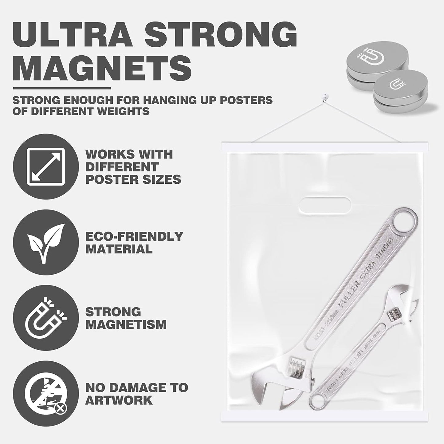 Ywlake Magnetic Poster Hanger, 10x10 10x32 10x20 Poster Frame Wood Wooden Magnet Print Posters Dowel Scroll Hanger Hangers Hanging Kit for Walls Map Canvas Artwork (White, 10")