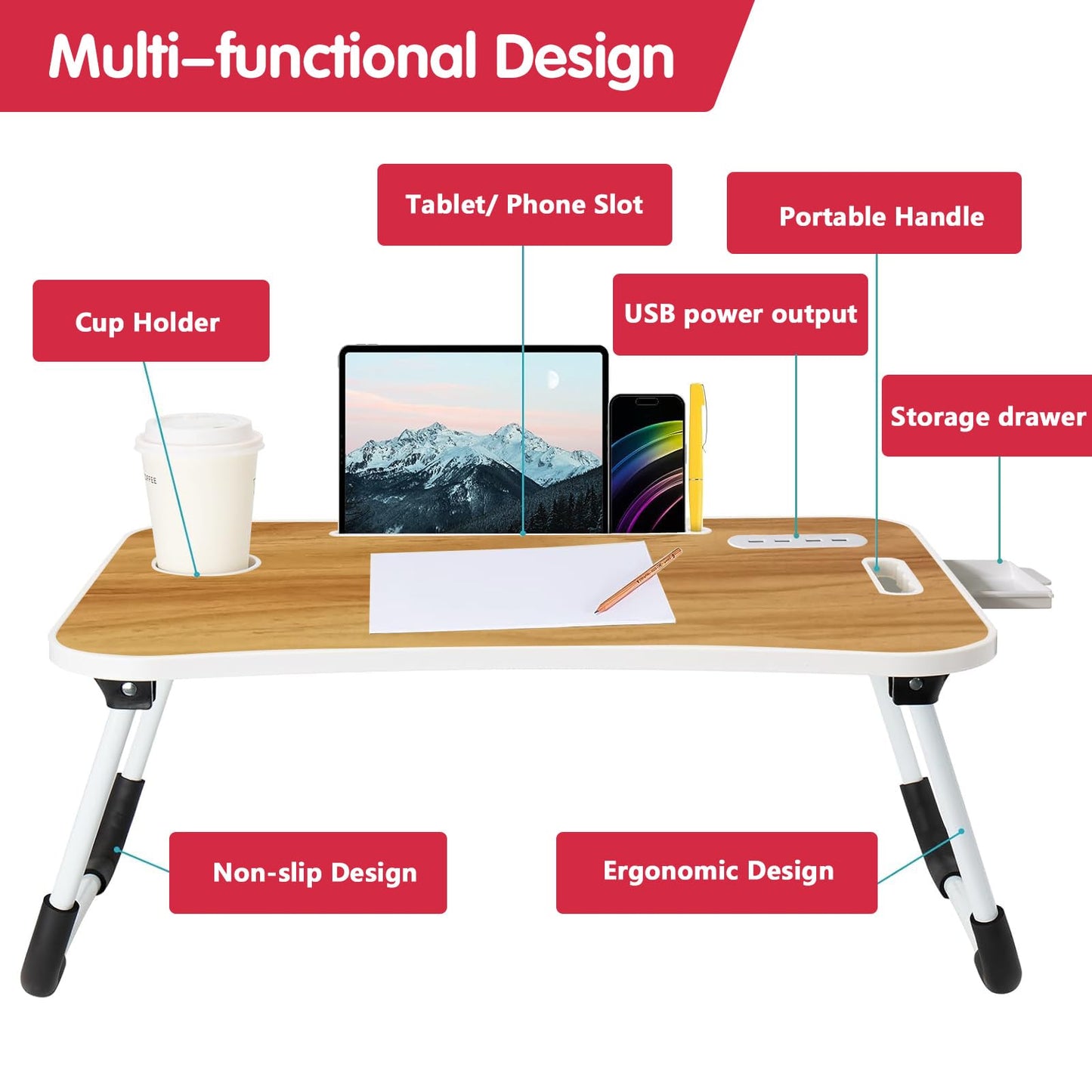 INNOVATIVE LIFE Foldable Laptop Table, Portable Lap Desk Bed Table Tray, Laptop Stand with Cup Holder & Tablet Slot & Lifting Handle for Working Writing Drawing & Eating, Wood