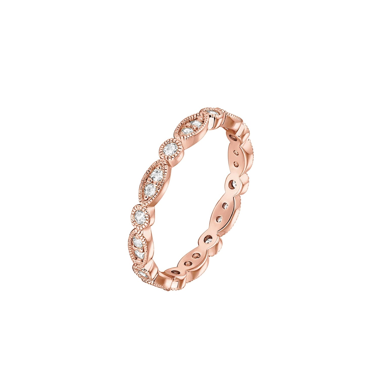 PAVOI 14K Rose Gold Plated Rings Cubic Zirconia Band | Round Milgrain Eternity Bands | Rose Gold Rings for Women Size 9
