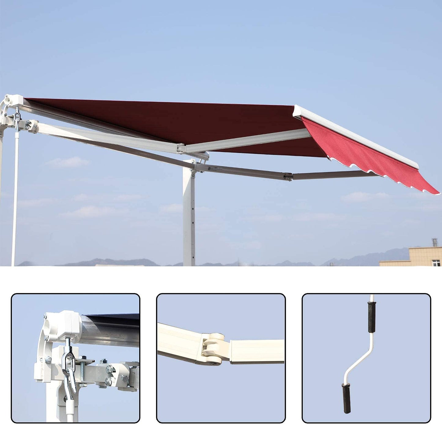 Grepatio 9.8x8.2 Ft Manual Retractable Awning, Aluminum Polyester Patio Door Window Awning, Sunshade Shelter with Crank Handle, Outdoor Canopy - Burgundy