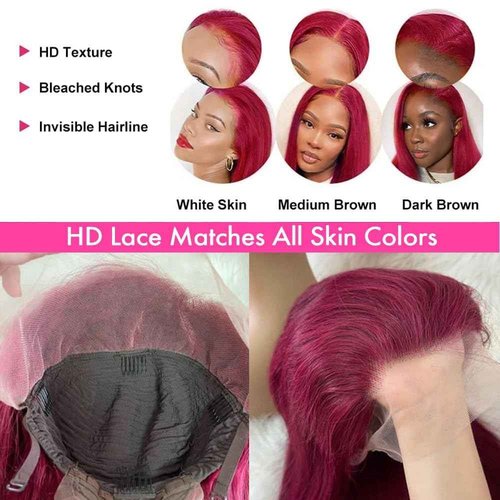 PiPiHA 99j Burgundy Lace Front Wigs Human Hair Straight Lace Front Wigs Human Hair Pre Plucked 13x4 HD Glueless Red Human Hair Wigs For Women 180% Density (22 Inch, 99j)