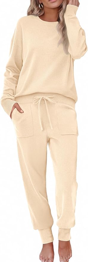 Ekouaer Women's 2 Piece Lounge Set Long Sleeve Knit Pajamas Sweatsuit Jogger Pant Outfits With Pockets S-XXL