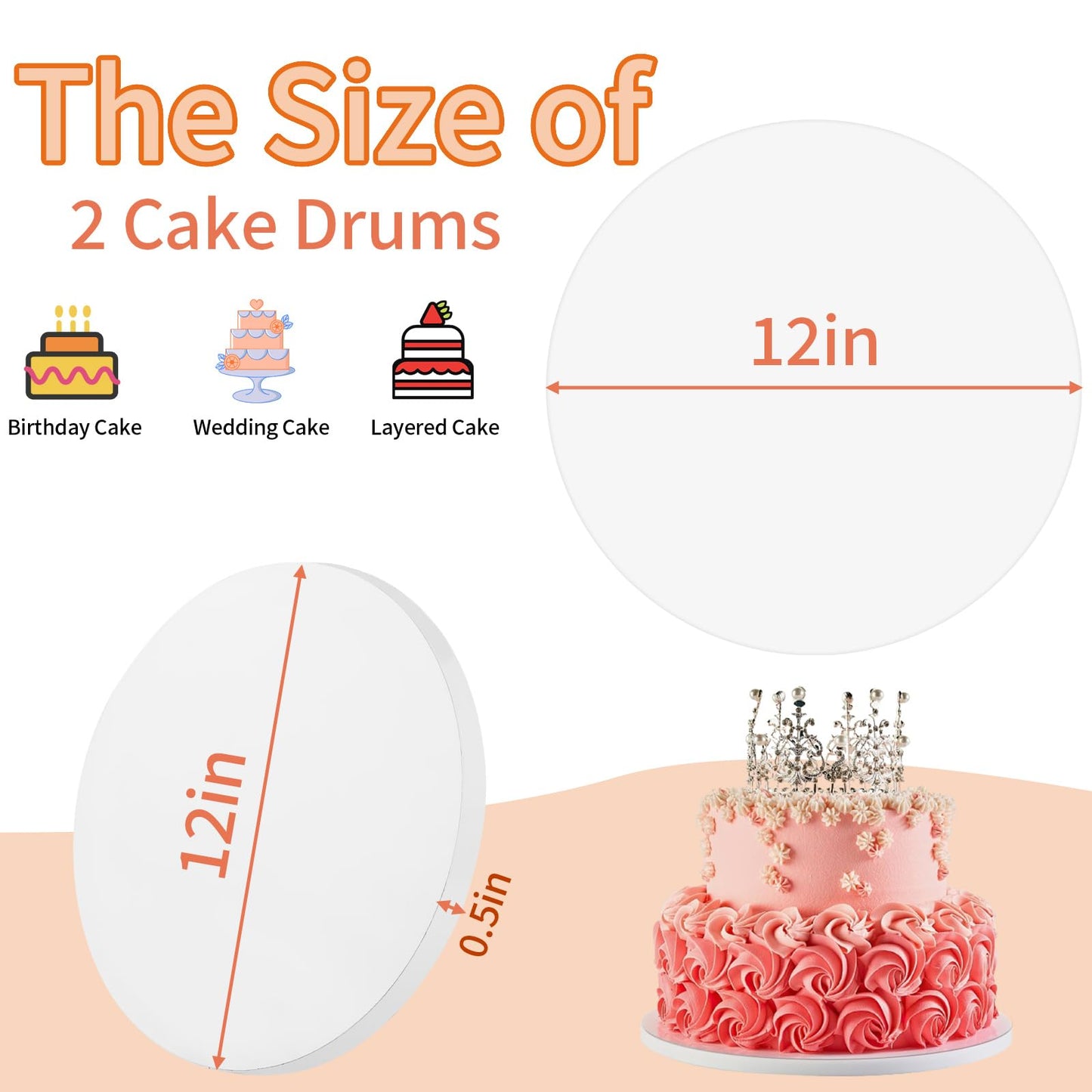 Cake Boards 12 Inch Round - Sturdy 1/2 Inch Cake Drum, 12 Inch Cake Boards,Corrugated Cake Base Cake Drums for Multi-Layer Cakes, White, 2 Pcs