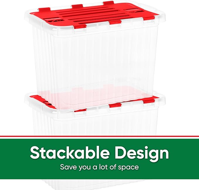 Superio Christmas Storage Box with Red Hinged Lids, Plastic Container Bins for Organizing with Attached Lid, Stackable Crates, BPA Free, Organizers for Home and Office, 27.5 Quart (17"x11.65"x12.25)
