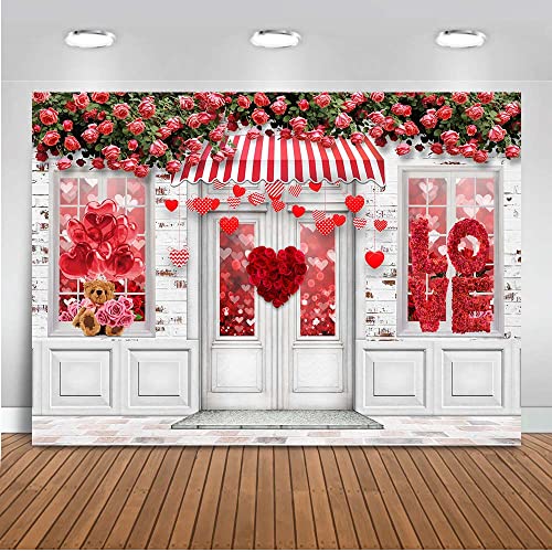 Mocsicka Valentine's Day Store Photography Backdrop Red Love Hearts Roses Rustic Brick Wall Party Decorations Floral Windo...
