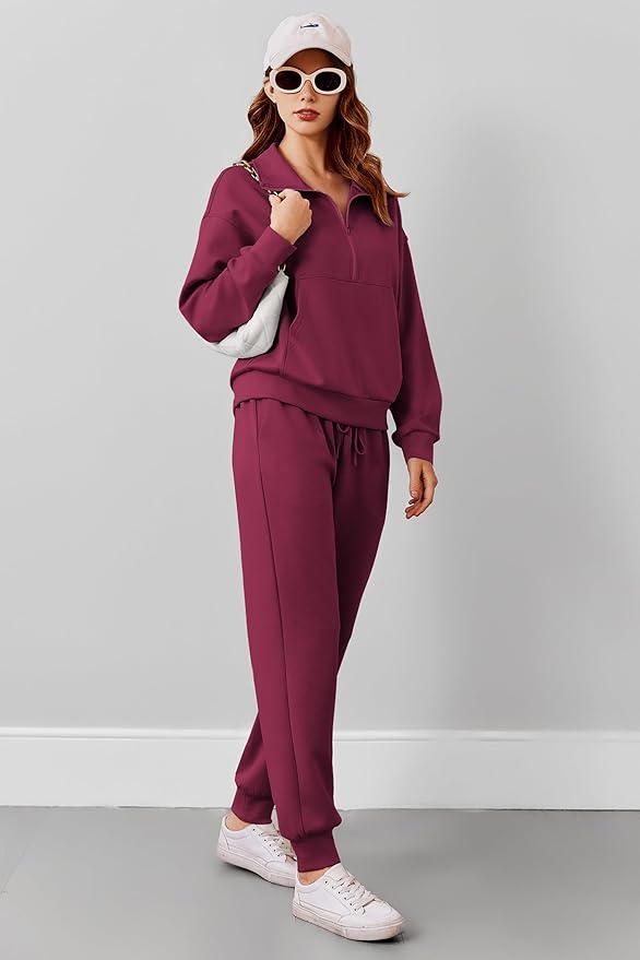 PINSPARK 2 Piece Sets for Women 2025 Fall Travel Outfits Long Sleeve Tracksuit Joggers Sets Half Zip Sweatsuit Matching Set