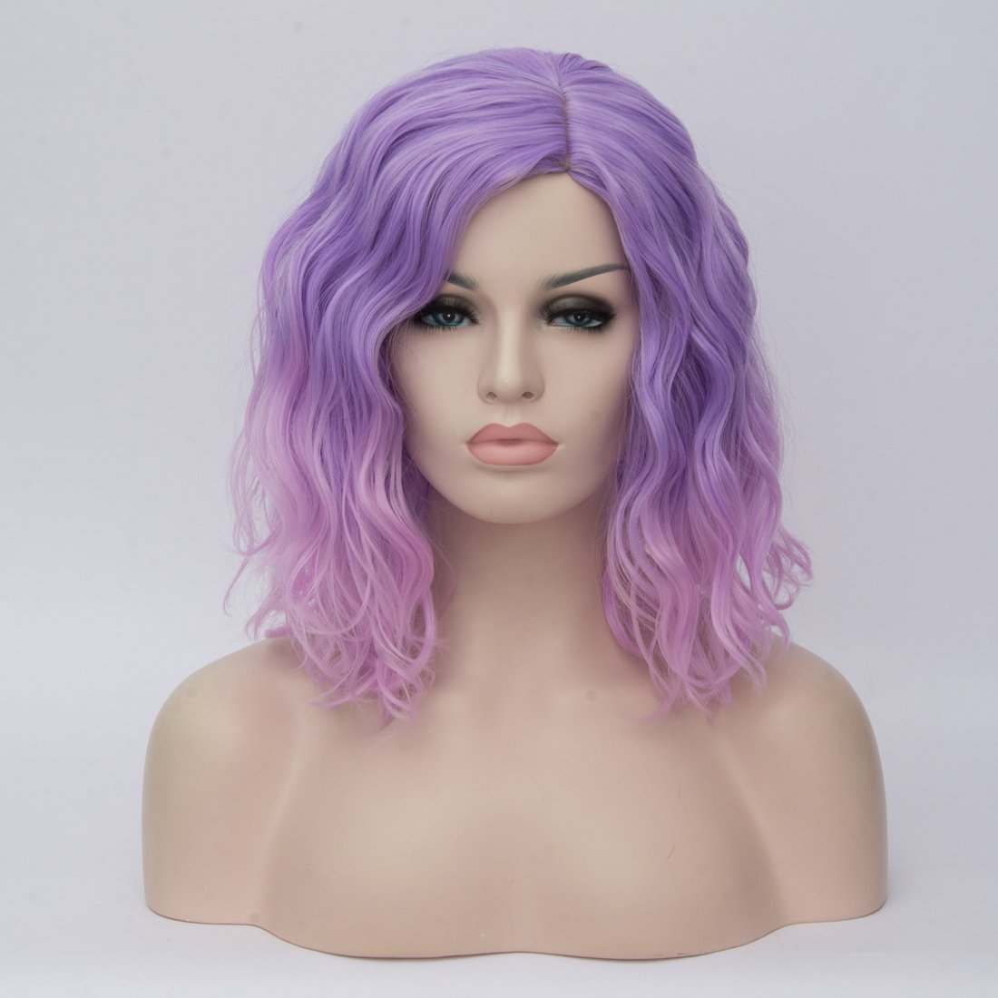 BUFASHION 14 Women Short Pink Purple Bob Wavy Glue Less Synthetic Hair Wig 46 Colors Available(Pink Purple)