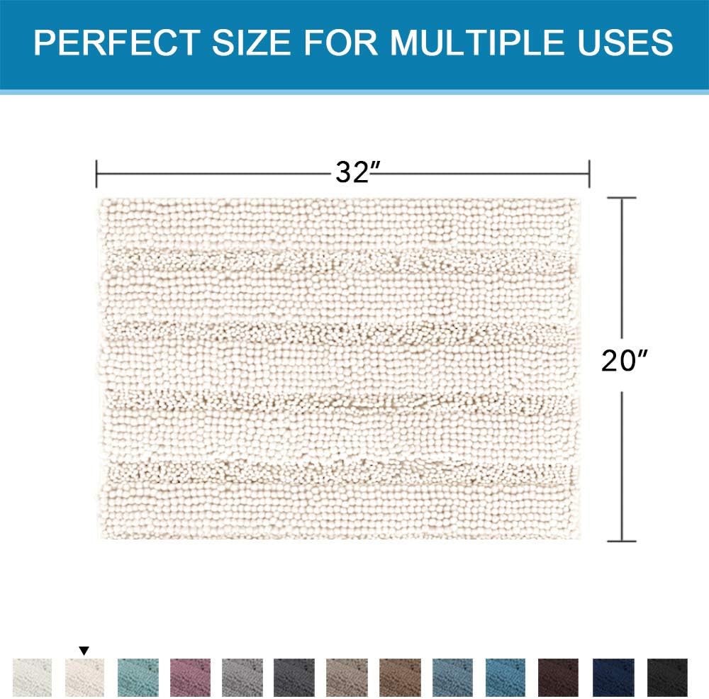 H.VERSAILTEX Bath Rugs for Bathroom Non Slip Bath Mats Extra Thick Chenille Striped Rug 20" x 32" Absorbent Non Skid Fluffy Soft Shaggy Washable Dry Fast Plush Mat for Indoor, Bath Room, Tub - Ivory