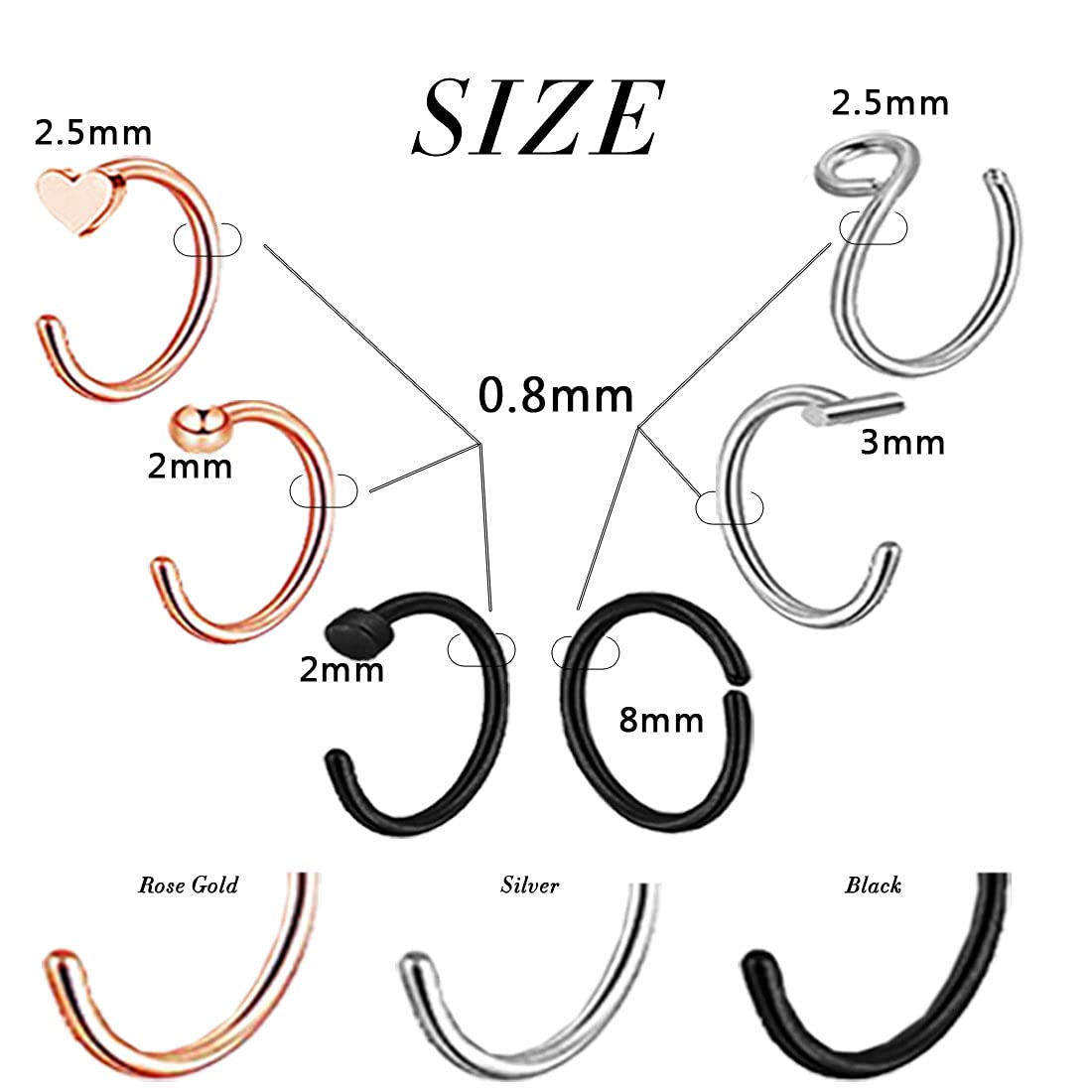Silver Nose Rings Stud for Women Men 20G Surgical Steel Bone Nose Rings Straight