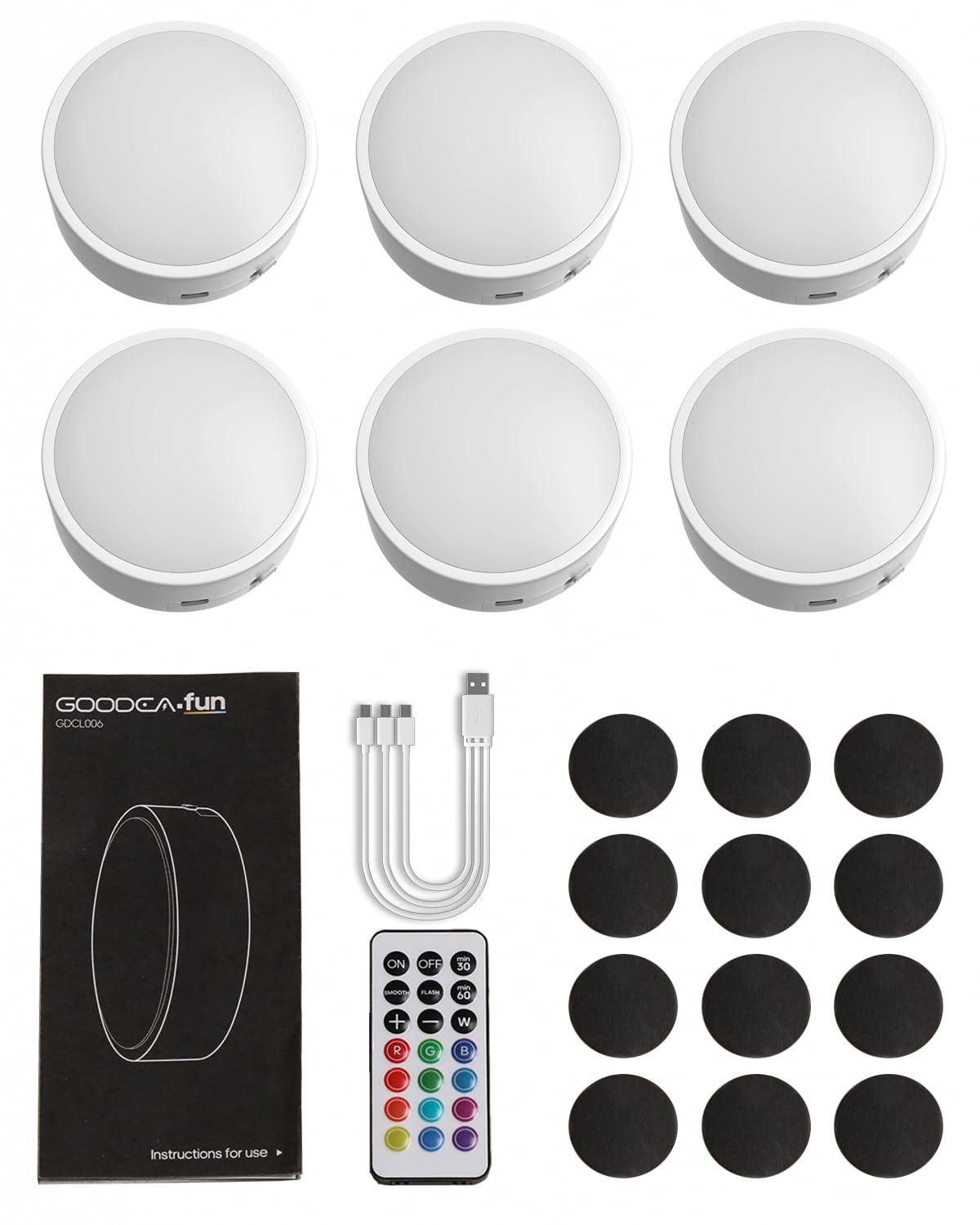 GOODEA.fun Puck Lights with Remote, 13 RGB Colors LED Under Cabinet Light, Rechargeable Battery Operated Under Cabinet Lighting Tap Lights, Stick on Lights with Dimmer and Timer（6 Pack）