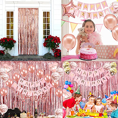 Rose Gold Birthday Party Decorations, Happy Birthday Banner, Rose Gold Fringe Curtain, Heart Star Foil Confetti Balloons, ...