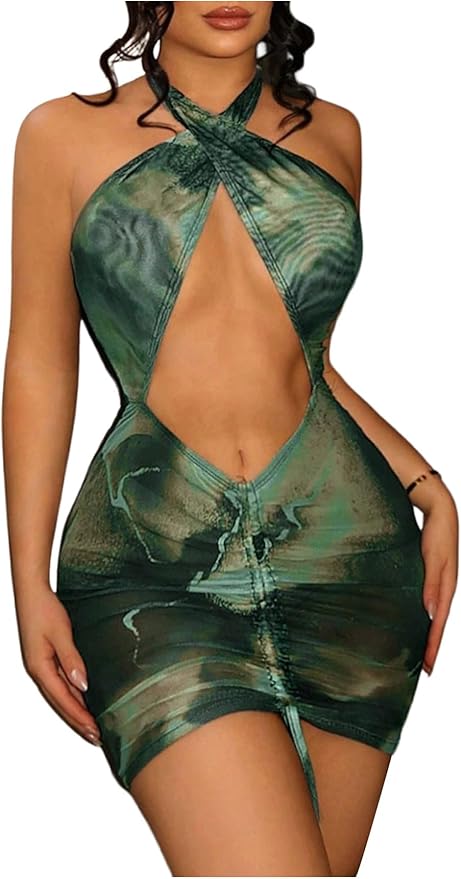SweatyRocks Women's Cut Out Tie Dye Halter Dress Criss Cross Sleeveless Bodycon Mini Dresses
