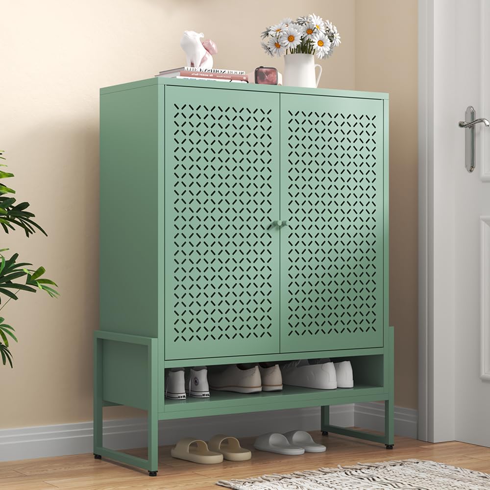 Metal Shoe Storage Cabinet for Entryway with Doors & 3 Shelves,Modern Shoe Cabinet Free Standing Shoe Organizer with Adjustable Legs for Hallway,Living Room,Foyer (Openwork Door Panel, Green)