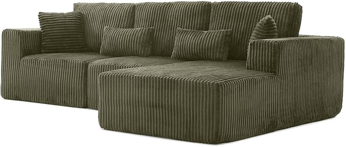 110" Cloud Sectional Couch, Modular Sectional Sofa with Deep Seat, Corduroy Upholstered Boneless Couch for Living Room Bedroom, Right Facing Chaise (Green)