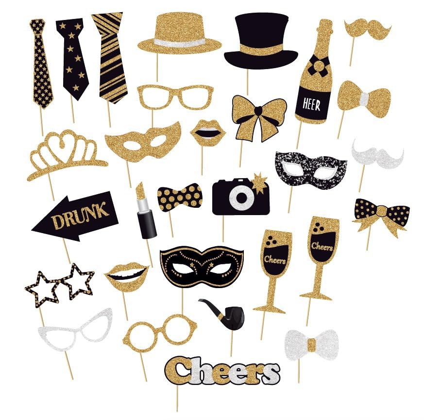 30 Pieces Black Golden Photo Booth Props for Birthday Wedding New Year Party,Mix of Hats, Mask, Lipstick, Tie, Crowns and ...