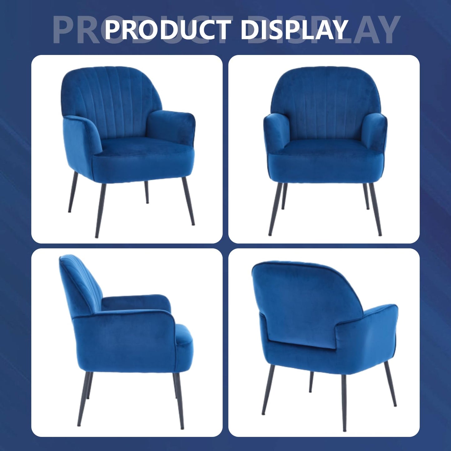 E-Motie Velvet Accent Chair, Modern Upholstered Single Sofa Side Living Room Chair, Comfy Reading Armchair with Metal Legs for Bedroom, Waiting Room, Office and Cafe, Blue