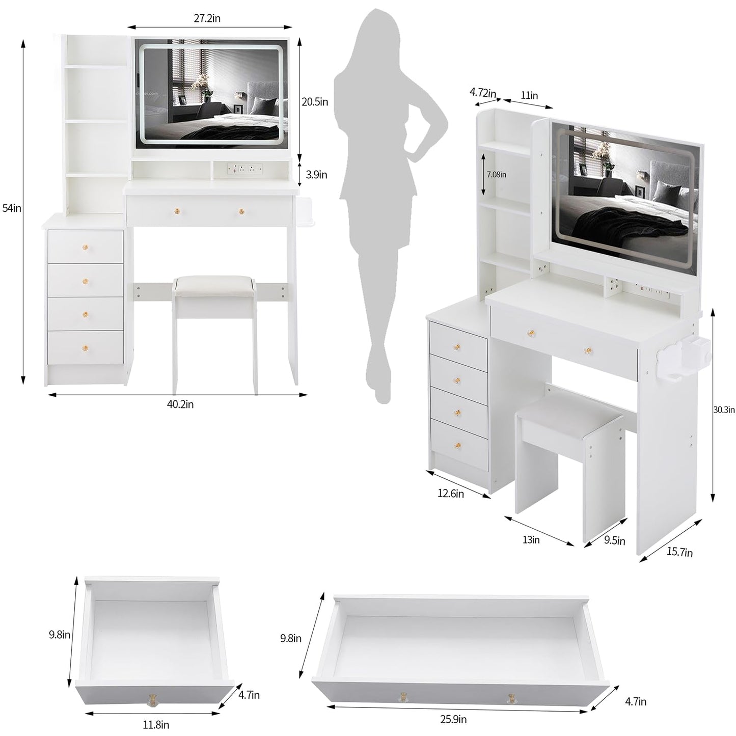 ESENATI Vanity Desk with Mirror and Lights,Makeup Vanity with Power Outlet,Hair Dryer Rack,5 Drawers,Storage Shelves,3 Light Modes Adjustble Brightness,Dressing Table with Stool for Bedroom,White