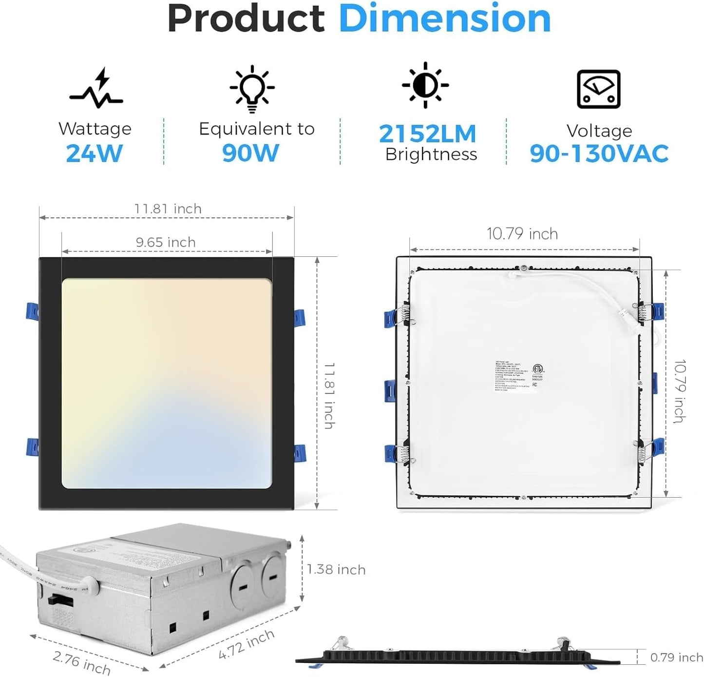 HONZIN 1 Pack 12 Inch Square Recessed Lighting, 5CCT Ultra-Thin LED Downlight, 2700K/3000K/3500K/4000K/5000K Selectable, Dimmable, 24W, IC Rated Canless Ceiling Lights with Junction Box, Black Trim