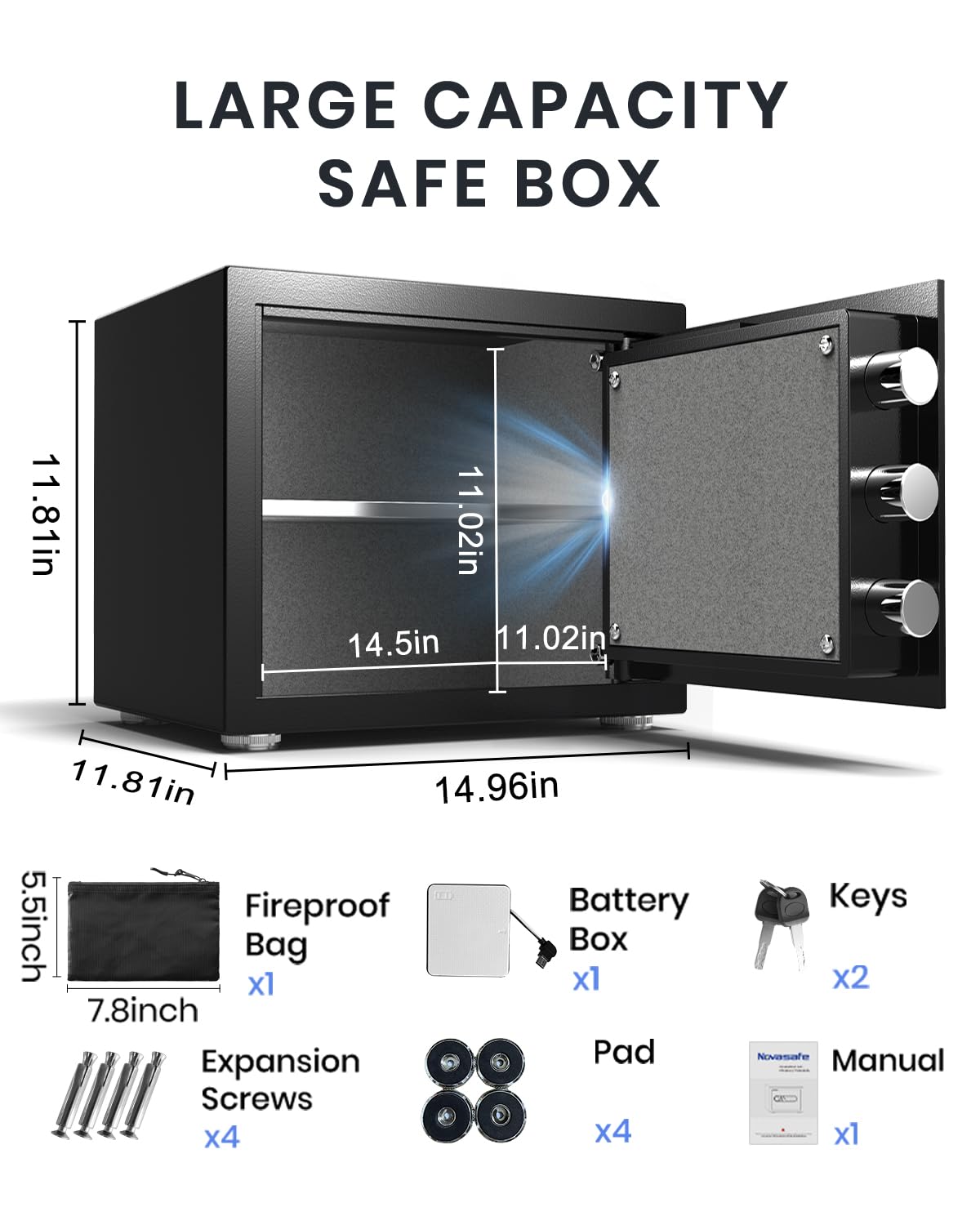 Safe Box, Home Safe with Key & Fireproof Waterproof Bag, Money Safe for Cash Office Cabinet, Anti-Theft Safety Box, Digital Electronic Keypad, Dual Alarm System - 1.2 Cubic Feet