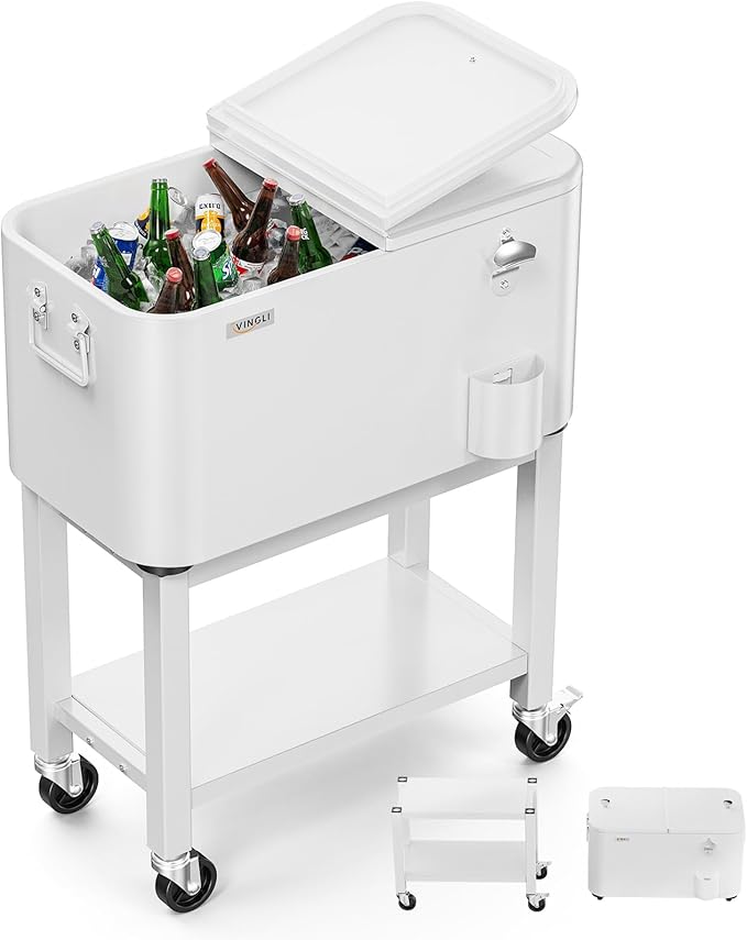 VINGLI Patio Cooler, Rolling Ice Chest on Wheels, Portable Patio Party Bar Drink Cooler Cart, with Shelf, Beverage Pool wi...