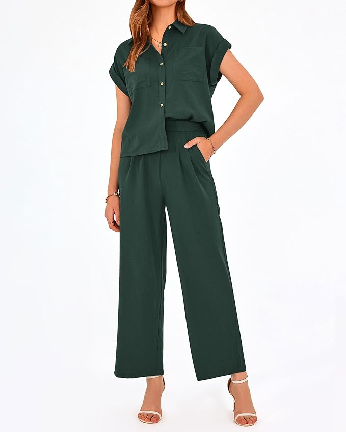 PRETTYGARDEN Womens 2 Piece sets Summer Cap Sleeve Tops Palazzo Pants Dressy Casual Vacation Travel Outfits Tracksuits