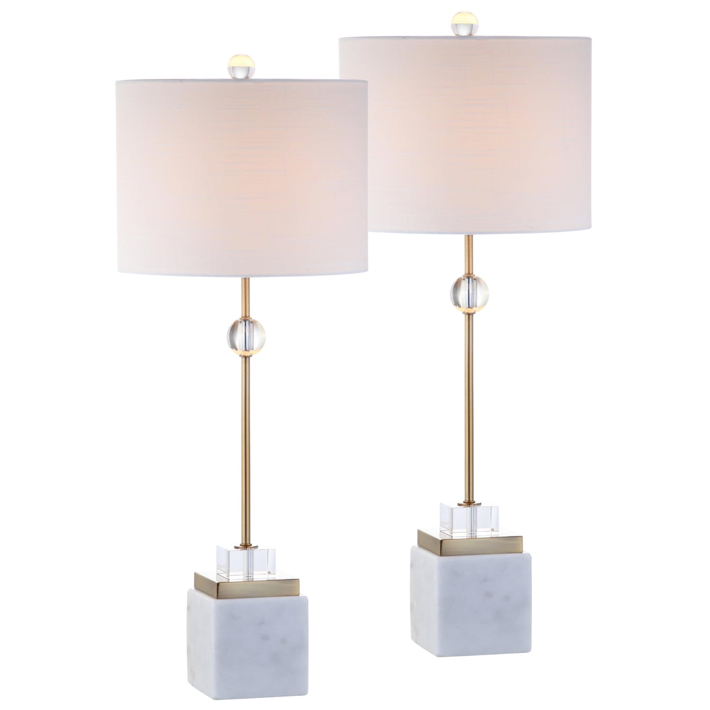 JONATHAN Y 30" White Marble and Brass Gold LED Table Lamp Set of 2, Modern Glam Crystal Pedestal Lamps for Living Room Bedroom, White Linen Shade, LED Bulbs Included JYL5008A-SET2