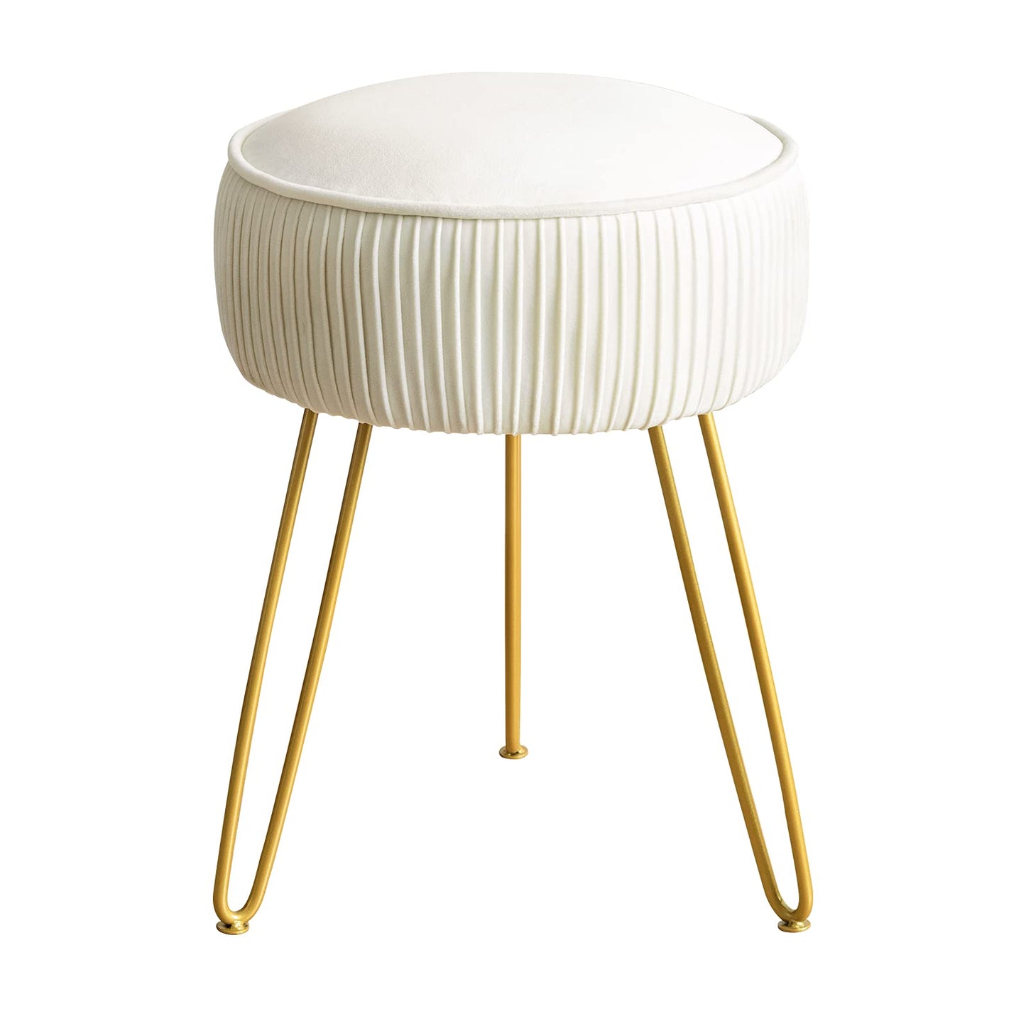 LUE BONA Pleated Vanity Stool, Velvet Upholstered Vanity Stool for Makeup Room, Round Stool for Vanity, Ottoman Footrest Stool with Metal Legs for Living Room, Bedroom, White