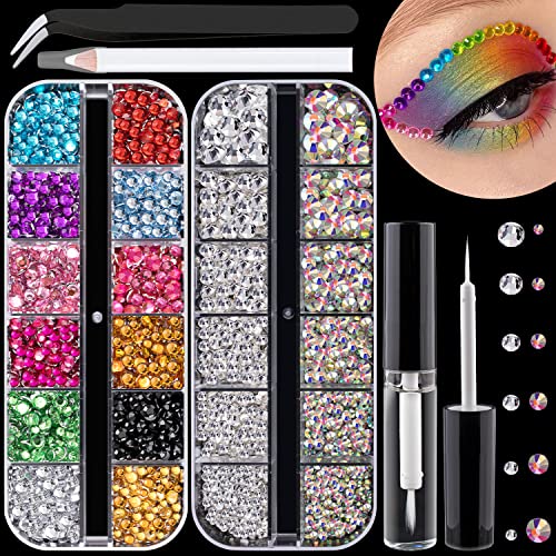 Flat Back Rhinestone Kits Colorful Rhinestones+Crystal AB&Transparent White Face Gems Nail Gem with Quick Dry Makeup Glue+...