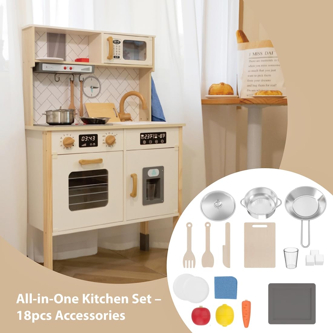 Freniland Wooden Play Kitchen, Kitchen Playset for Kids with Realistic Stove, Range Hood, Oven, Ice Maker, Microwave, Sink, with Light & Sound, 18 Accessories, Pretend Toy Kitchen, Gift for Ages 3+