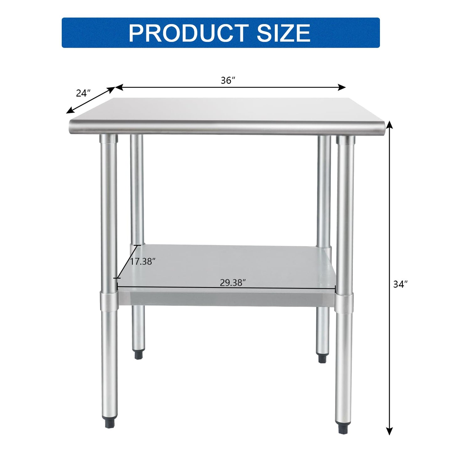 HARDURA Stainless Steel Table 24X36 Inches with Undershelf and Galvanized Legs NSF Heavy Duty Commercial Prep Work Table for Restaurant Kitchen Home and Hotel