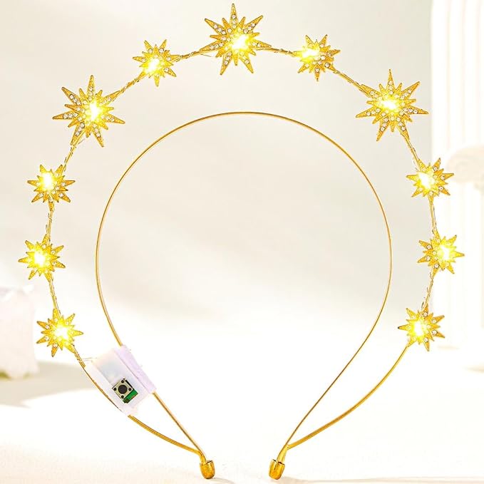 DRESBE Light Up Greek Goddess Headband New Year LED Star Crown Headbands Glow NYE Party Hair Accessories for Women (Gold)