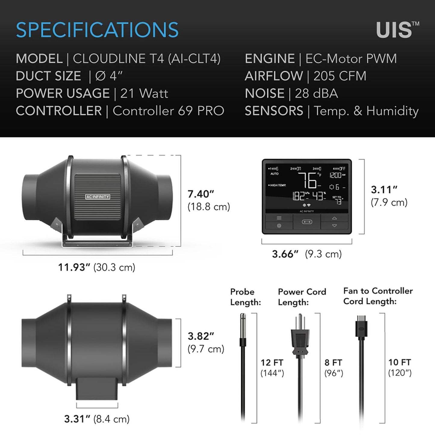 AC Infinity CLOUDLINE PRO T4, Quiet 4” Inline Duct Fan with Temperature Humidity VPD Controller, WiFi Integrated App Control - Ventilation Exhaust Fan for Heating Cooling, Grow Tents, Hydroponics
