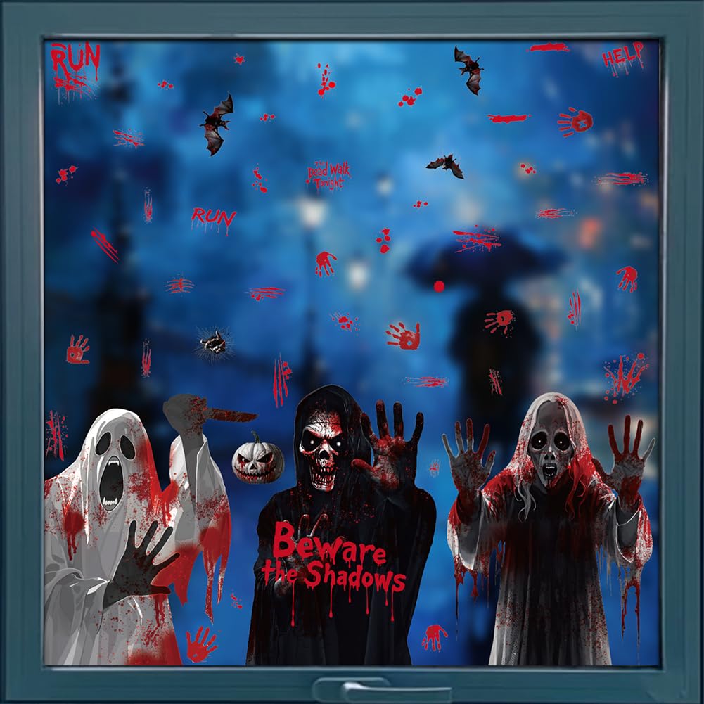 Halloween Window Clings Decorations - Scary Ghost & Death Stickers Scary Halloween Party Blood Stickers Decor for Home Classroom Windows Indoor/Outdoor Use - 8 Sheets