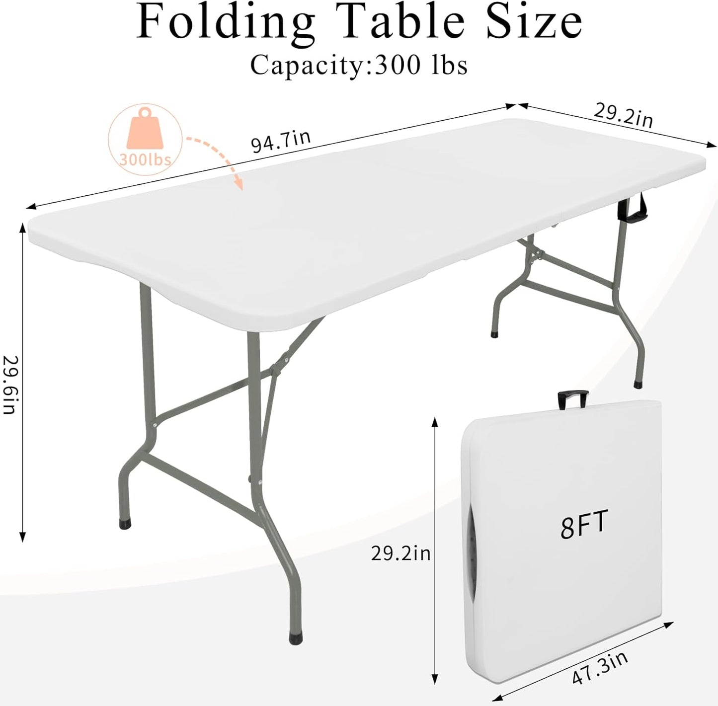 Set of 2 Folding Tables with Carrying Handle Heavy Duty Rectangular Portable Plastic Camping Table Steel Legs for Party, Dining, Wedding, Events, Picnic Indoor, Outdoor (8FT, White)