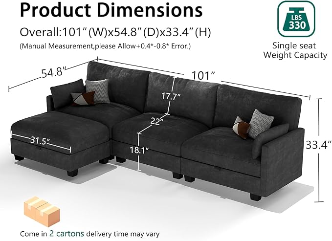 OhaiAura Modular Sectional L Shaped Sofa Couches for Living Room, Cloud Couch with Storage Ottoman, Comfy Chenille Sofa with Pillow, Black