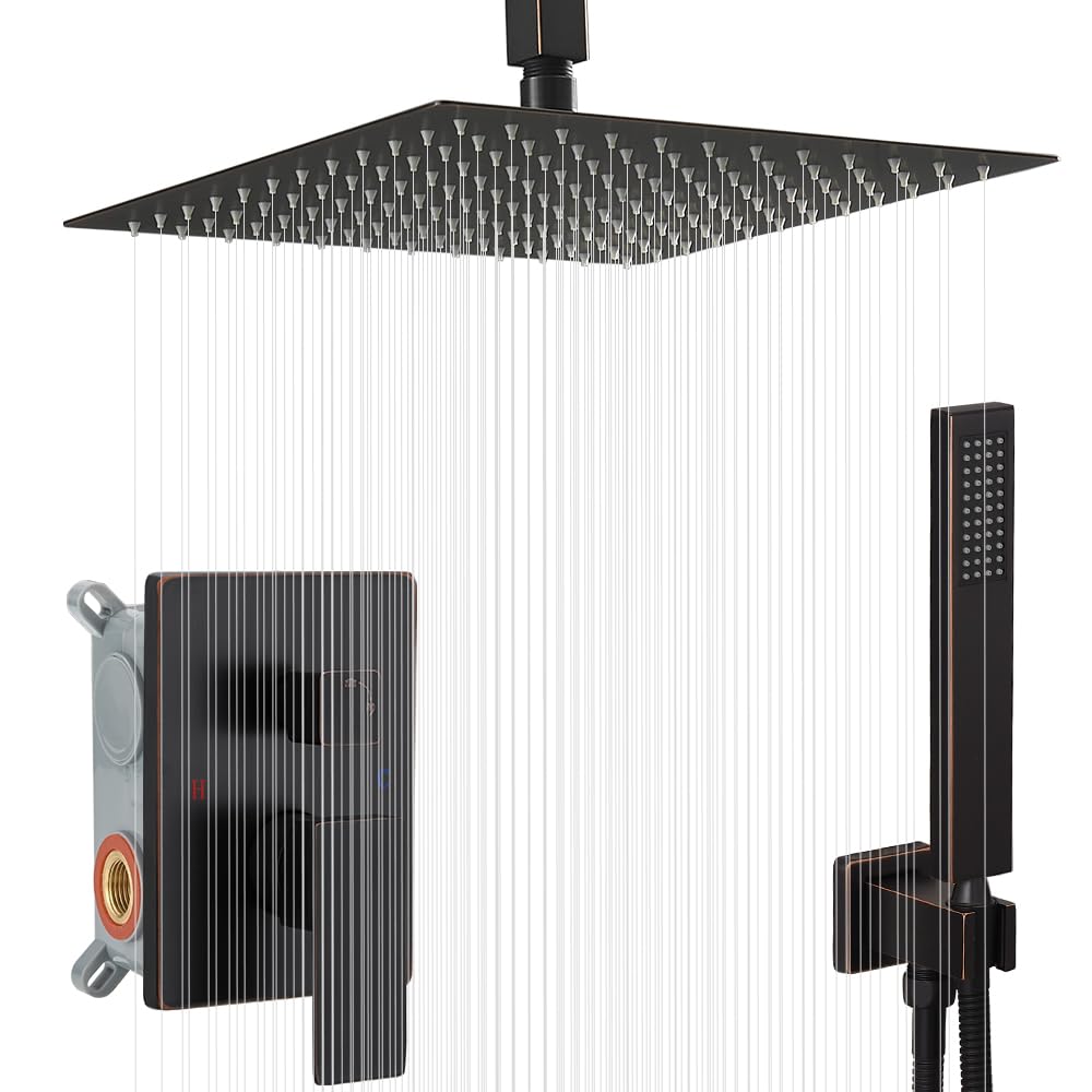 YCAIKOI 12 Inch Oil Rubbed Bronze Ceiling Mount Shower System Bathroom Luxury Rain Mixer Shower Combo Set Ceiling Rainfall Shower Head System Faucet Contain Rough-in Valve and Trim Included