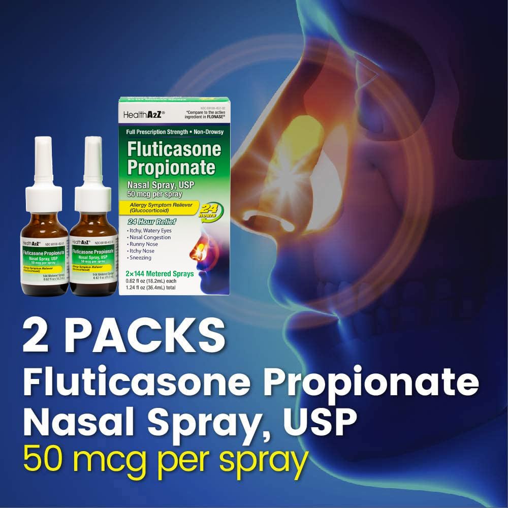HealthA2Z® Fluticasone Propionate Nasal Spray | 50 mcg per Spray | 24 Hour Allergy Relief | 144 Sprays | 0.62 fl oz. (18.2mL) (0.62 fl oz. (Pack of 2))