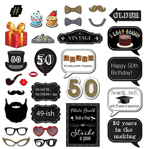 50th Birthday Photo Booth Props - 31-pc 50th Birthday Props with 8 x 10-Inch Sign, 45 Adhesive Pads, 35 Sticks - 50th Birt...