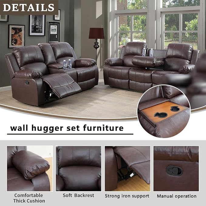 A Ainehome Living Room Furniture Set Leather Recliner Sofa Set Loveseat Chair Furniture Sofa Set for Living Room/Small Space/Rv/House/Office/Theater Seating (A-Brown Leather, Sofa+Loveseat)