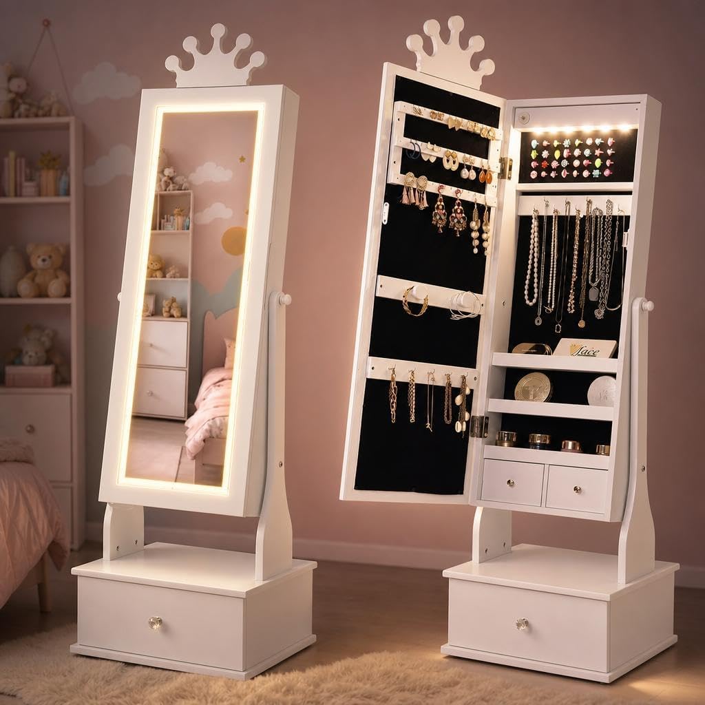 Garvee Kids Jewelry Armoire with Full Length Mirror, LED Lights, Adjustable Angle, Lockable Jewelry Cabinet for Girls, Standing Organizer, Gift for Girls
