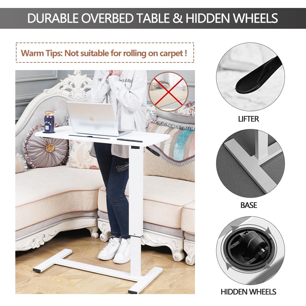 Over Bed Table Pneumatic Adjustable Height Stand Desk with Hidden Wheels USB Ports Pad Slot Mobile Laptop Standing Desk Cart, Podium Table (White, 32X16 inshes)
