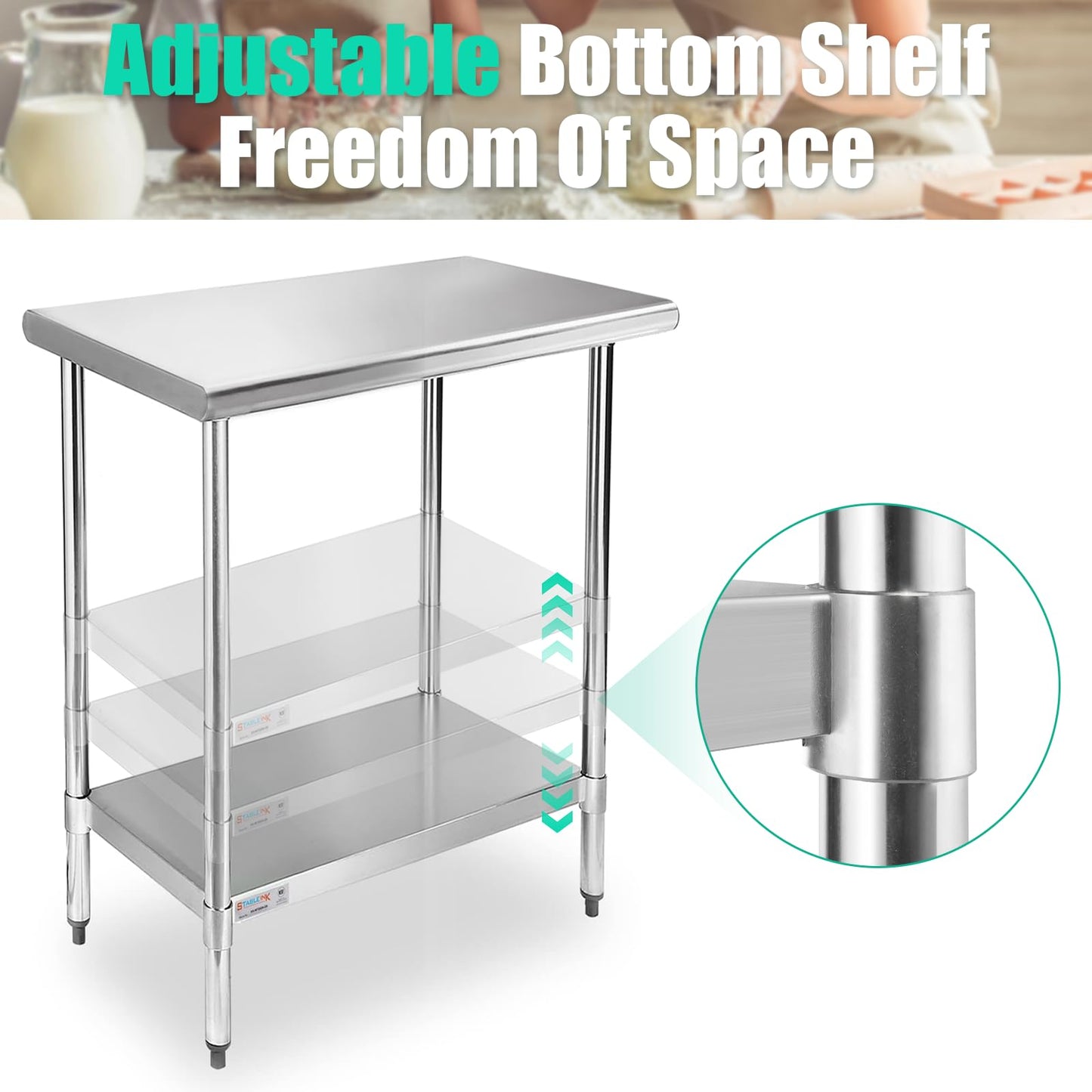 STABLEINK NSF Stainless Steel Table, 30 x 18 Inches Small Metal Prep & Work Table with Adjustable Undershelf, for Commercial Kitchen, Restaurant, Hotel and Garage