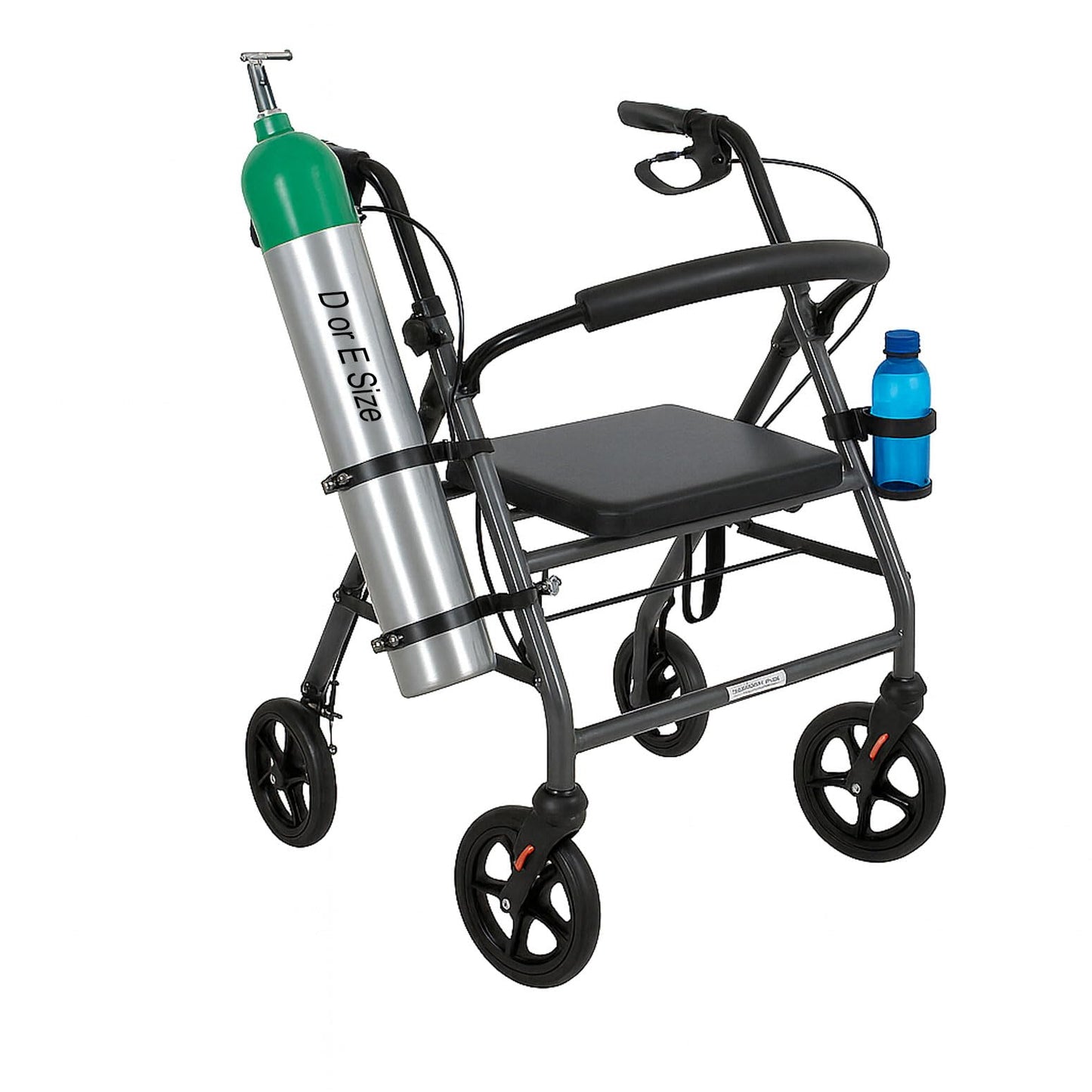 Oxygen Tank Holder for Walker, Rollator & Wheelchair – Fits D & E Size Cylinders – Steel Bracket with Secure Straps – with Cup Holder – Easy Install for 1" or 1 1/8" (25–28.6 mm) Tubes