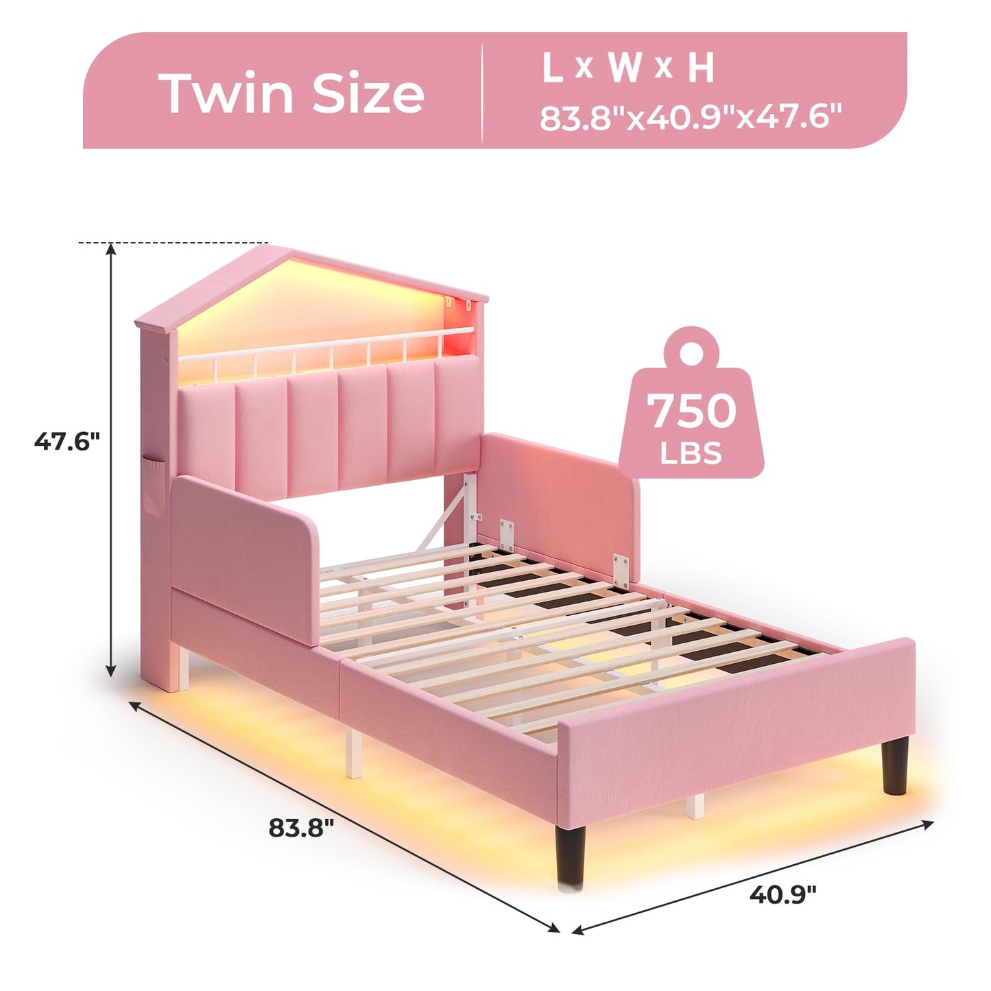ADORNEVE Twin Size Bed Frame with LED Lights,Velvet Upholstered Platform Bed for Girls,Princess Bed with Safety Guardrail,Headboard with Charging Station & Hidden Storage,No Box Spring Needed,Pink